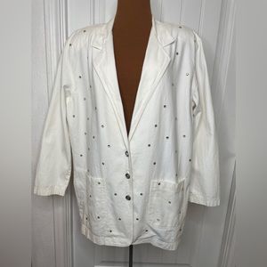 Vintage White Denim Gold & Rhinestone Studded Boyfriend Jacket Size 14